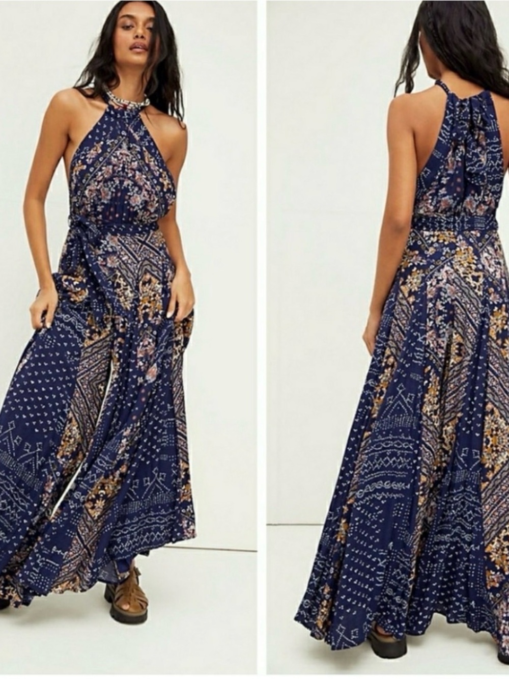 Free People Mixed Print Shangri-La Wide Leg Halter Jumpsuit Blue Scarf Print